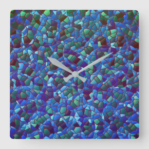Mosaic of spattered or smoked lilac blue and green square wall clock