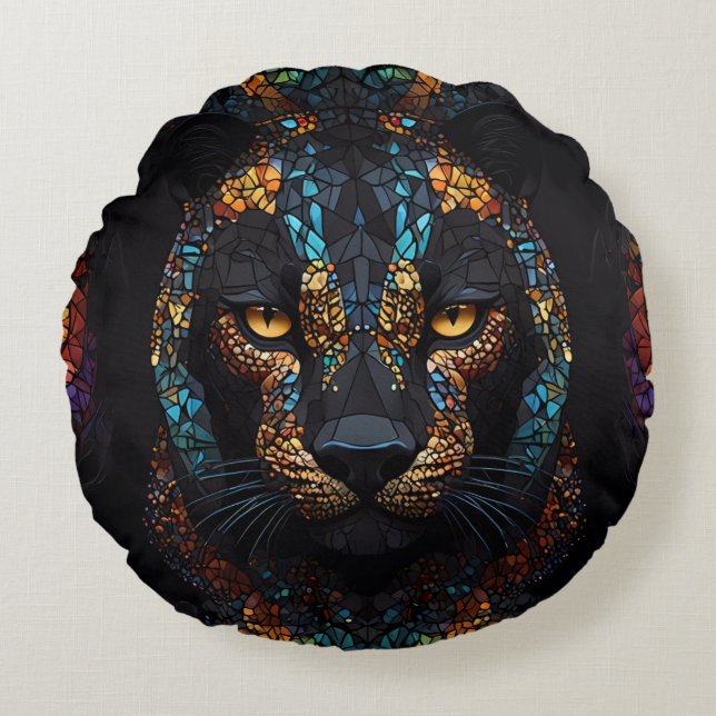 Mosaic Panther Art Round Pillow (Front)