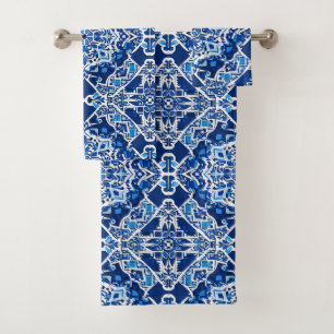 Mosaic Pattern in Indigo and Cobalt Blue Bath Towel Set