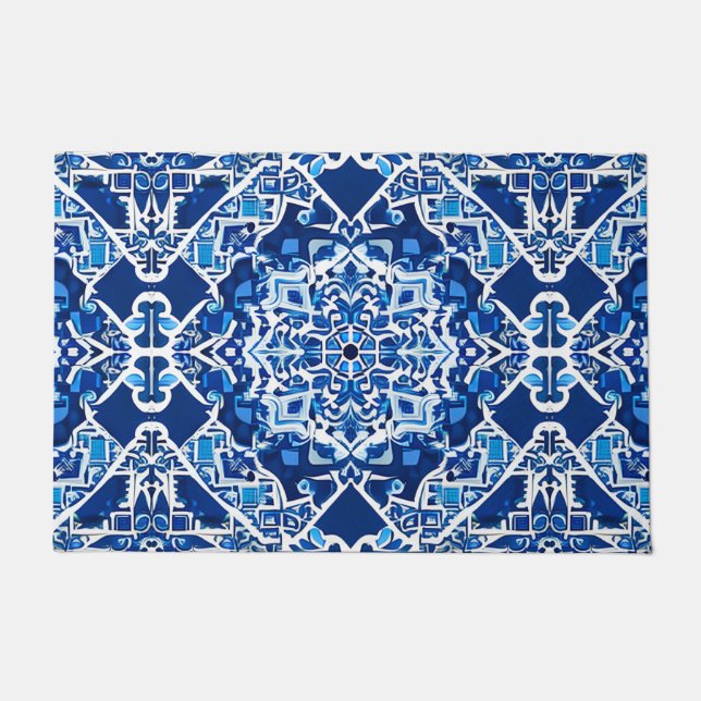 Mosaic Pattern in Indigo and Cobalt Blue Doormat (Front)