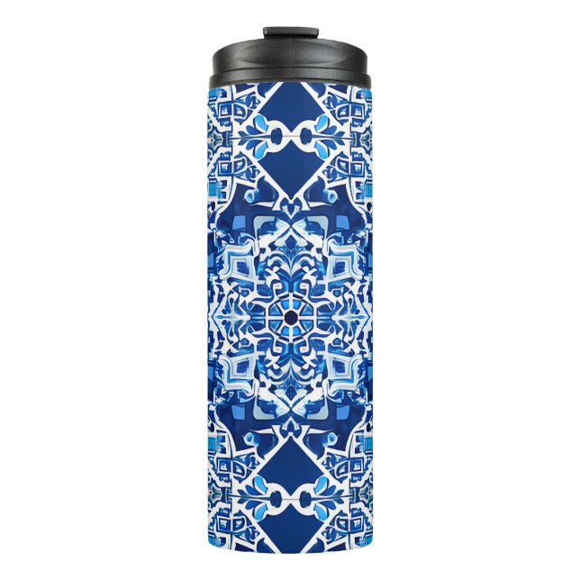 Mosaic Pattern in Indigo and Cobalt Blue Thermal Tumbler (Front)