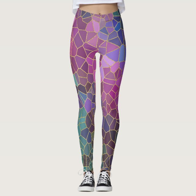Mosaic Pattern of Pink Purple Teal Blue Green Gold Leggings (Front)