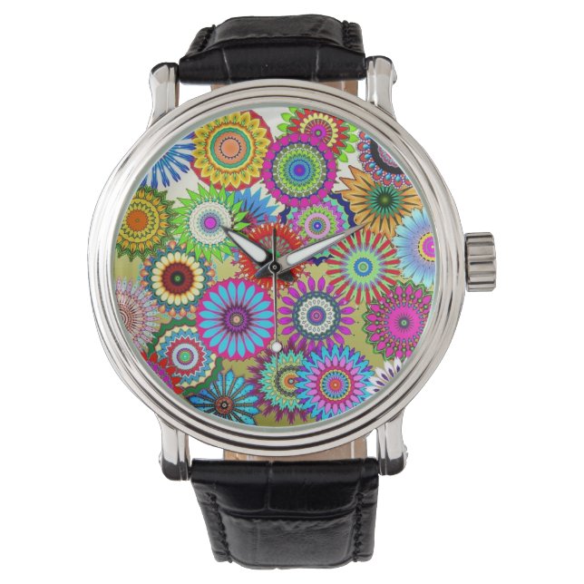 Mosaic Pinwheels Vintage Leather Strap Black Watch (Front)
