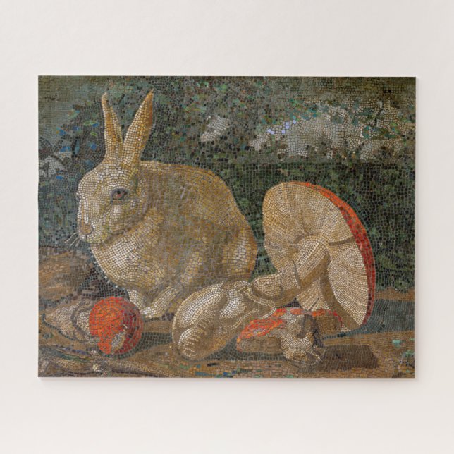 Mosaic rabbit and mushroom nature vintage jigsaw puzzle (Horizontal)