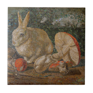 Mosaic rabbit and mushroom nature vintage tile