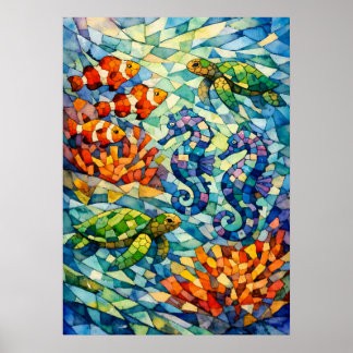 Mosaic Reef Watercolor Marine Life Art Poster