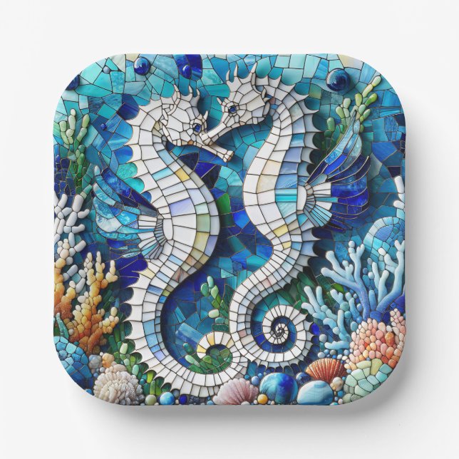 Mosaic Seahorses Romantic Beachy   Paper Plate (Front)