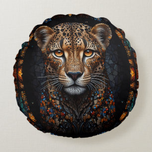 Mosaic Stained Glass Cheetah Portrait Round Pillow