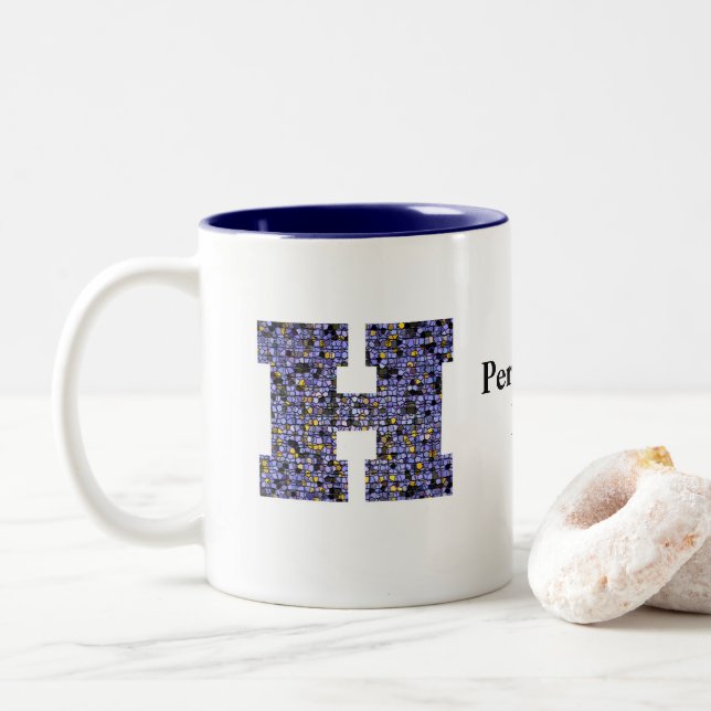 Mosaic Stained Glass Monogram Initial Letter H Two-Tone Coffee Mug (With Donut)