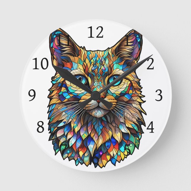 Mosaic Stained Glass Multicolor Cat 760 Round Clock (Front)