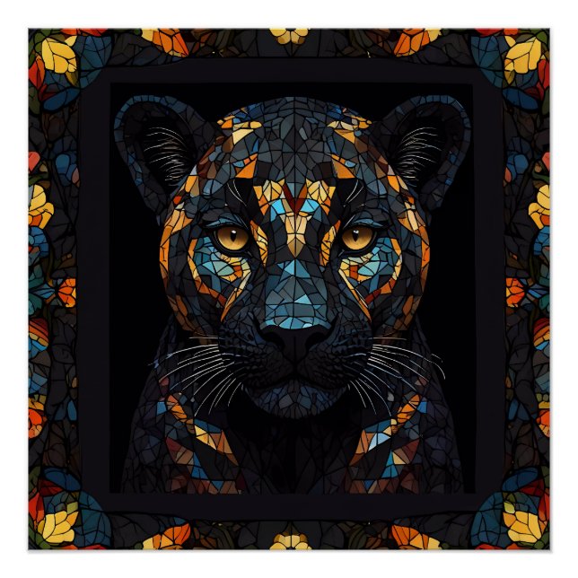 Mosaic Stained Glassed Black Panther Portrait  Poster (Front)