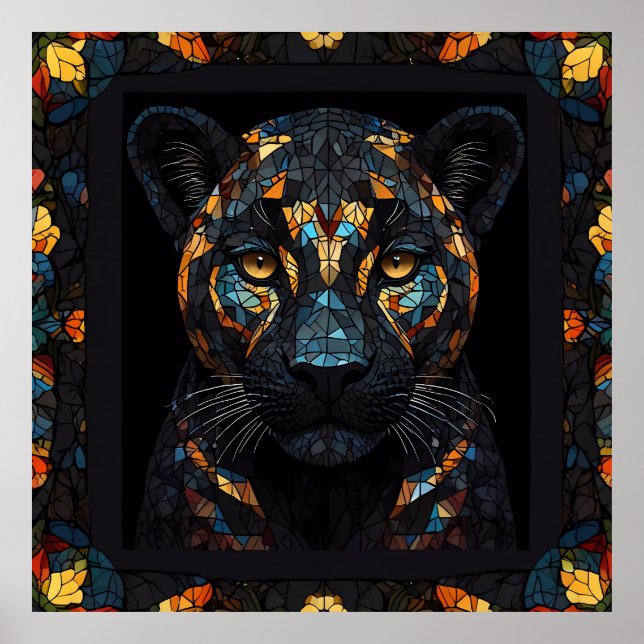 Mosaic Stained Glassed Black Panther Portrait  Poster (Front)