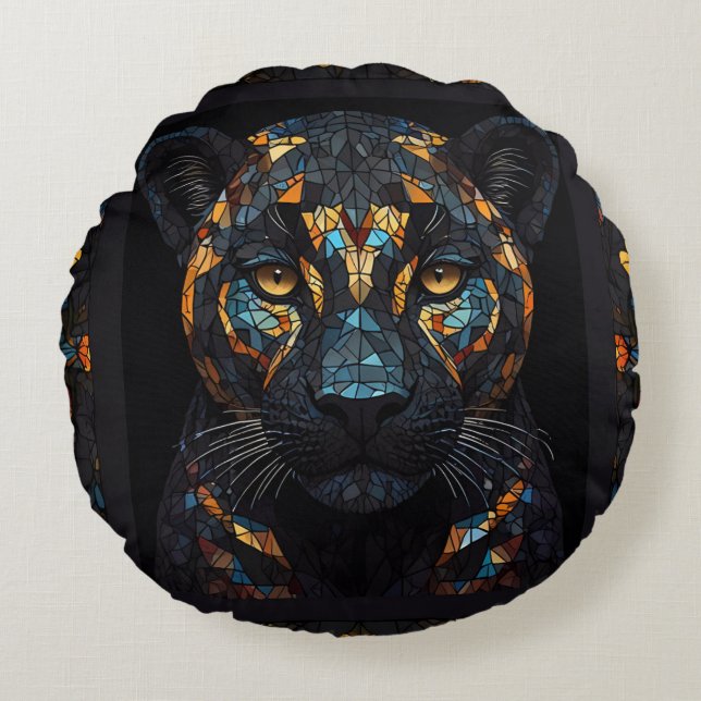 Mosaic Stained Glassed Black Panther Portrait  Round Pillow (Front)