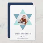 Mosaic Star | Hanukkah Photo Holiday Card<br><div class="desc">Elegant and modern Hanukkah photo card features a favourite photo set inside a Star of David accented with bright shades of blue for a unique mosaic effect,  on a white background. "Happy Hanukkah" appears beneath in modern,  clean white lettering. Personalize with your names along the bottom.</div>