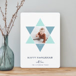 Mosaic Star | Hanukkah Photo Holiday Card<br><div class="desc">Elegant and modern Hanukkah photo card features a favourite photo set inside a Star of David accented with bright shades of blue for a unique mosaic effect,  on a white background. "Happy Hanukkah" appears beneath in modern,  clean white lettering. Personalize with your names along the bottom.</div>
