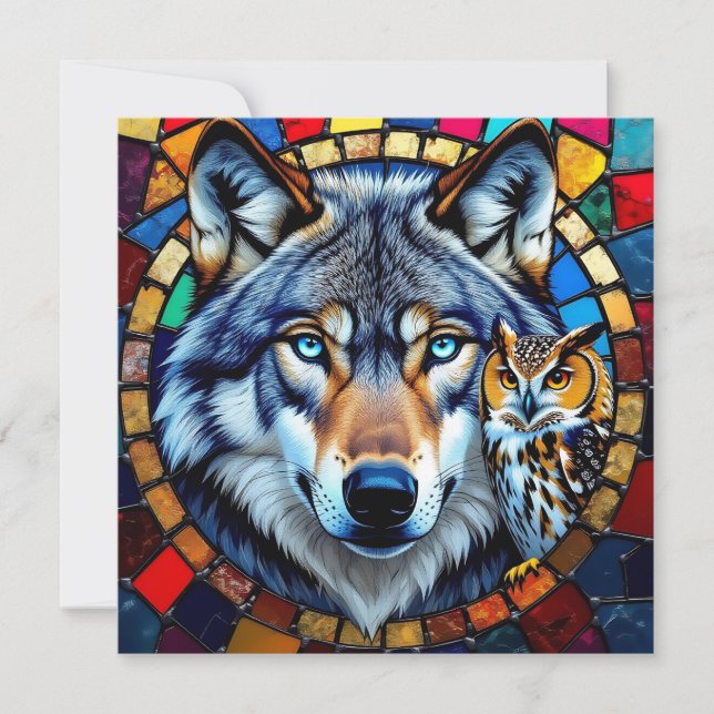 Mosaic Style Owl and Wolf | Blank Holiday Card (Front)