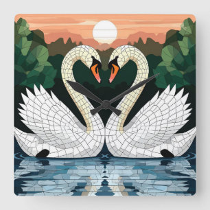 Mosaic Swan Couple Forming Heart Shape Square Wall Clock