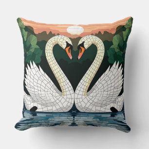 Mosaic Swan Couple Forming Heart Shape Throw Pillow