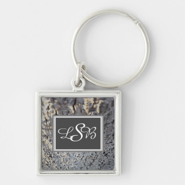 Mosaic Tile Elegant Black Grey Monogram Keychain (Front)