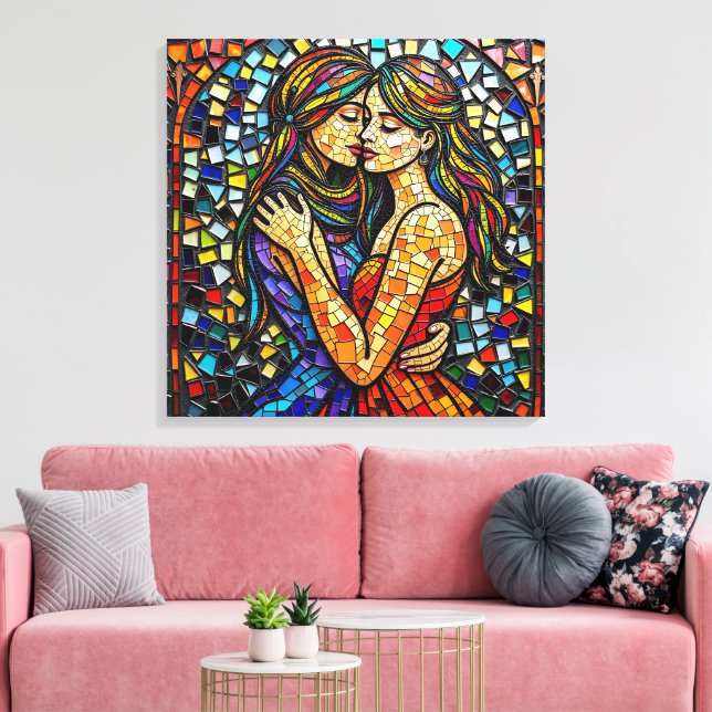 Mosaic Tile Style Ai Art Romantic Embrace Canvas Print (Insitu(LivingRoom))