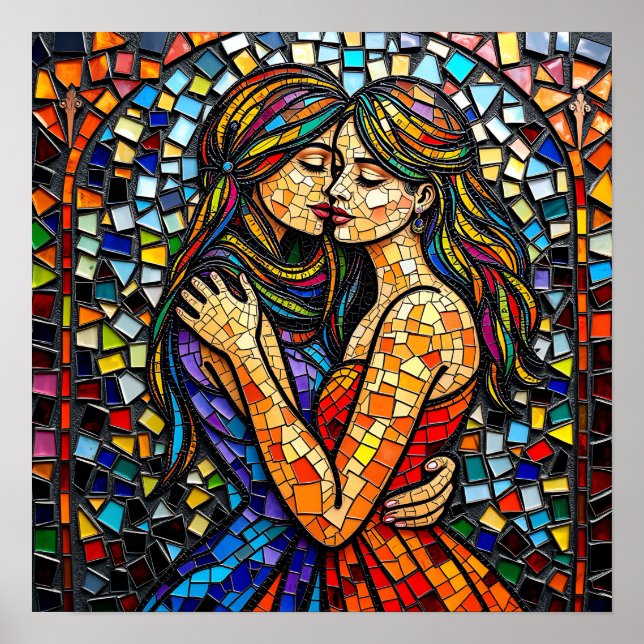 Mosaic Tile Style Ai Art Romantic Embrace Poster (Front)