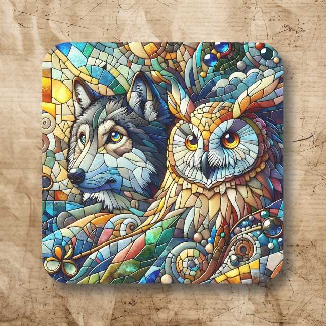 Mosaic Tile Wolf and Owl  Square Sticker (Creator Uploaded)