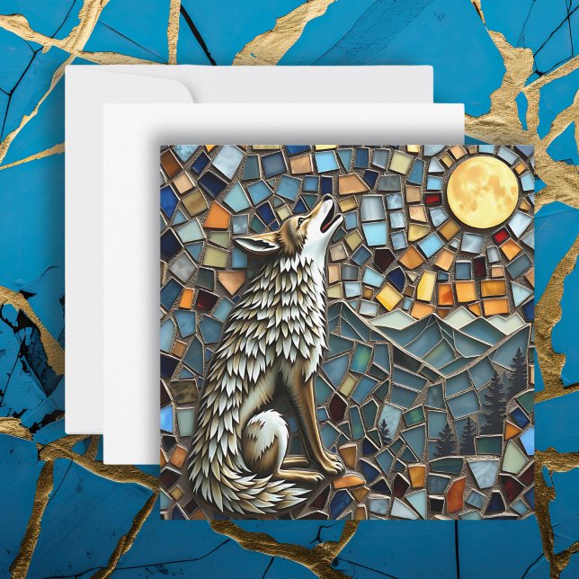 Mosaic Tile Wolf Howling at the Moon Card (Creator Uploaded)