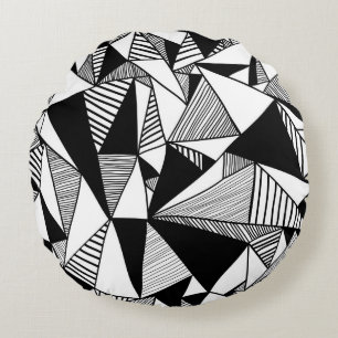 Mosaic Triangles, Black White Texture. Round Pillow