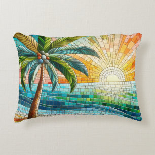 Mosaic Tropical Beach Sunset Palm Tree Accent Pillow
