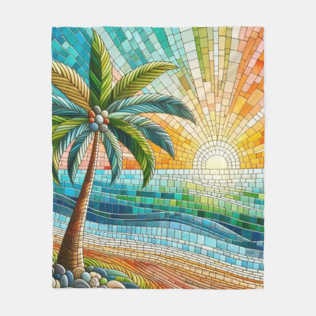 Mosaic Tropical Beach Sunset Palm Tree Fleece Blanket (Front)