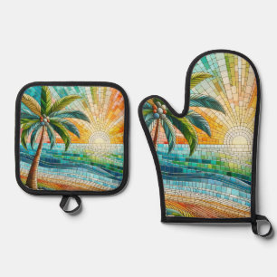Mosaic Tropical Beach Sunset Palm Tree Oven Mitt & Pot Holder Set