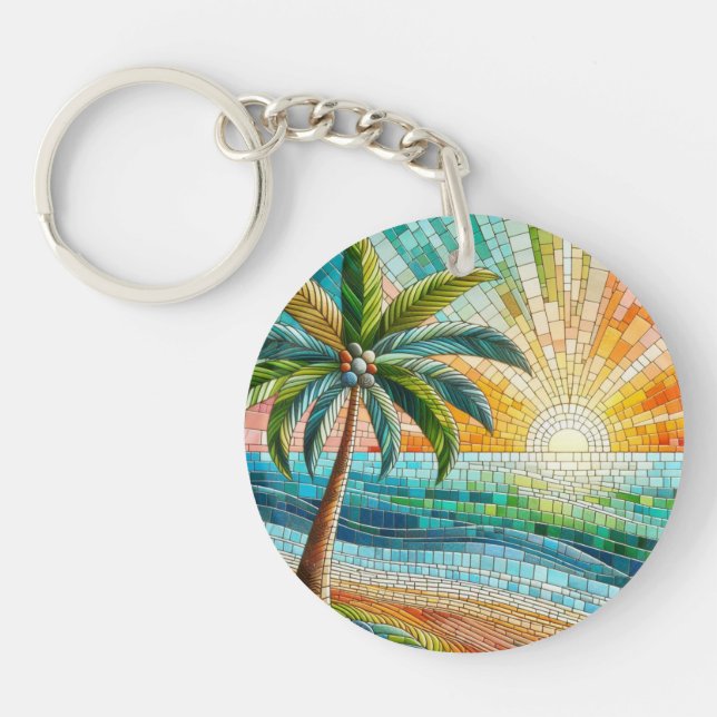 Mosaic Tropical Beach Sunset Palm Tree Round Keychain (Front)