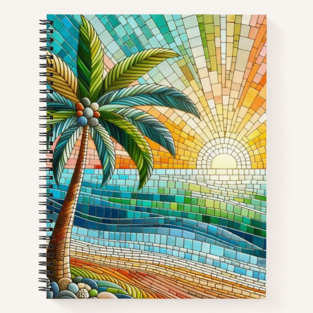 Mosaic Tropical Beach Sunset Palm Tree Softcover Notebook (Front)