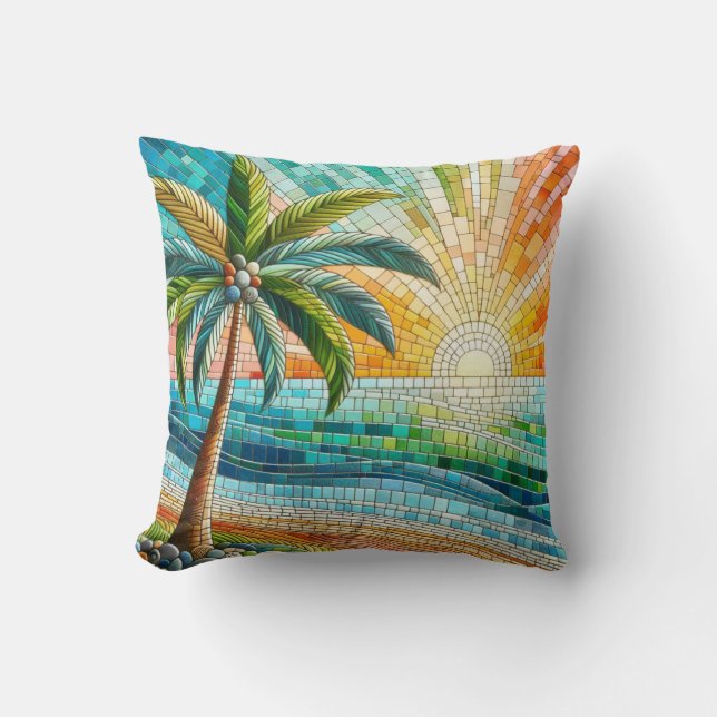 Mosaic Tropical Beach Sunset Palm Tree Throw Pillow (Front)
