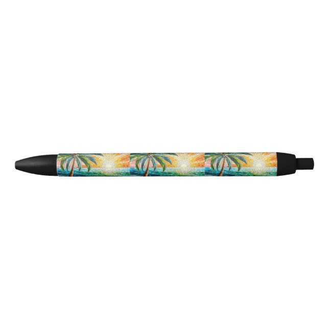 Mosaic Tropical Beach Sunset Palm Trees Black Ink Pen (Front)