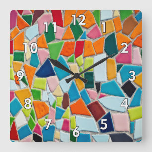 Mosaic Wall w/White Bordered Numbers Square Wall Clock