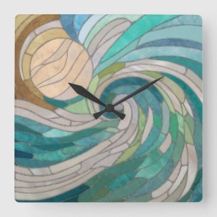 Mosaic Wave and Moon Square Wall Clock