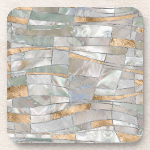 Mosaic Waves Art - Pearl and Pastel Gold Coaster