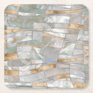 Mosaic Waves Art - Pearl and Pastel Gold Square Paper Coaster