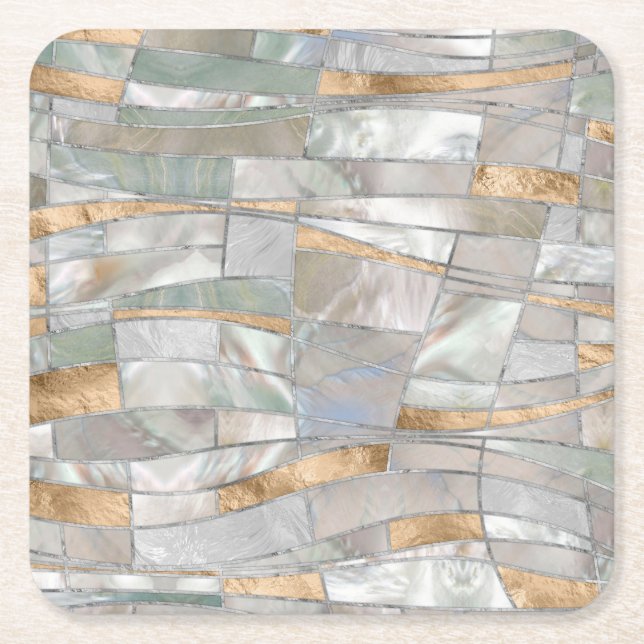 Mosaic Waves Art - Pearl and Pastel Gold Square Paper Coaster (Front)