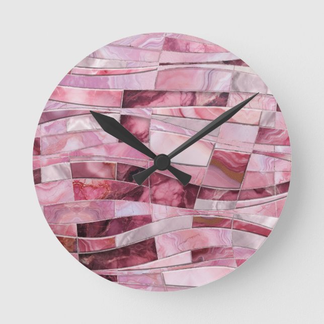 Mosaic Waves - Pink Marble Abstract Round Clock (Front)