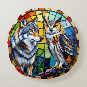 Mosaic Wolf and Owl Vibrant and Colourful Wildlife Round Pillow
