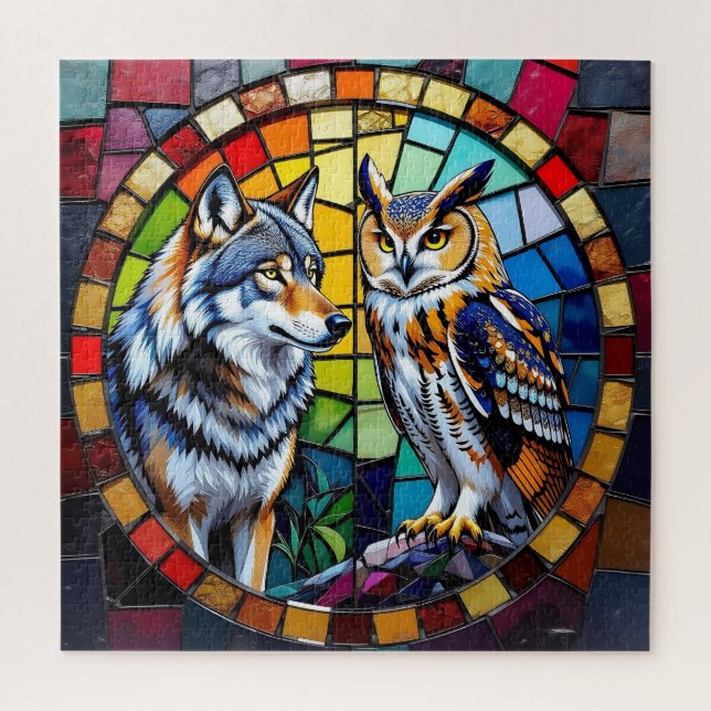 Mosaic Wolf and Owl Vibrant Art Jigsaw Puzzle (Vertical)