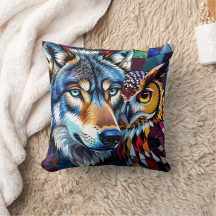 Mosaic Wolf, Owl and Full Moon Throw Pillow