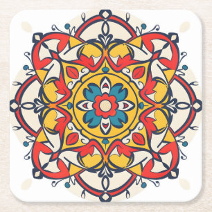 mosaic yellow red square paper coaster