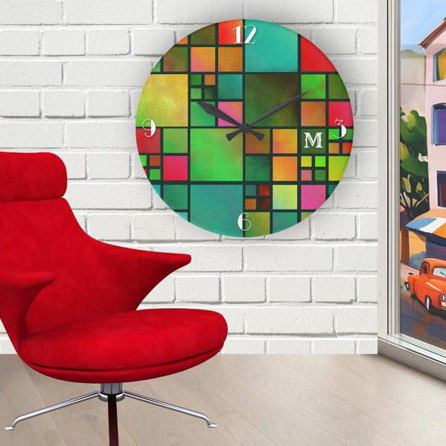 Mosaïque Motif géométrique Monogramme Horloge mura (Artistic wall clock with a checkered tile pattern with a watercolor effect in a variety of colors)
