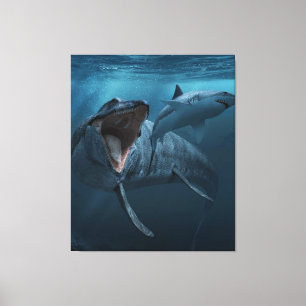 Mosasaurus chasing shark  canvas print