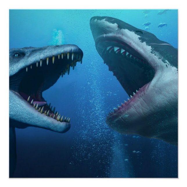 Mosasaurus versus megalodon poster (Front)