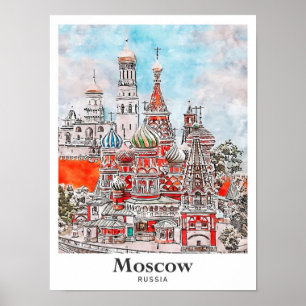 Moscow Russia Architecture Watercolor Sketch Poster