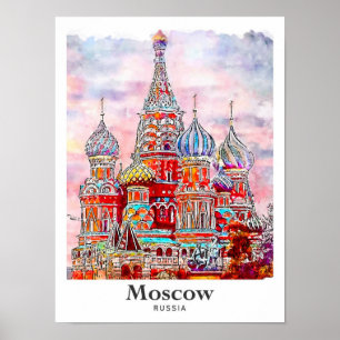 Moscow Russia Denmark Watercolor Hand Drawn Poster
